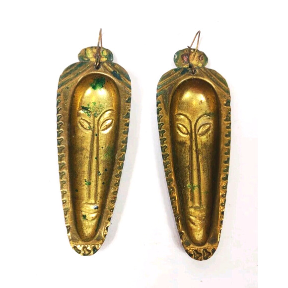 VTG African Tribal Statue Mask Gold Copper Dangle Drop Earrings Portrait Mask - Picture 4 of 8